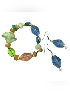 Wendy Gell “Lake Fairy” Bracelet & Earrings Set Signed Disney 90s Art Glass